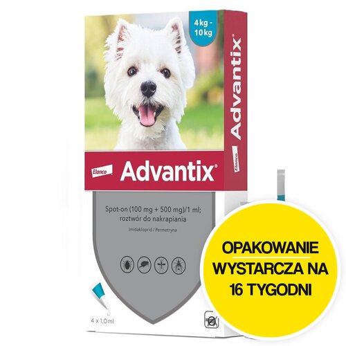 Krople na pchły i kleszcze ELANCO Advantix Spot-on Małe psy (4-10 kg) 4 x 1 ml Ochrona przez 16 tygodni