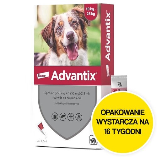 Krople na pchły i kleszcze ELANCO Advantix Spot-on Średnie psy (10-25 kg) 4 x 2.5 ml Ochrona przez 16 tygodni