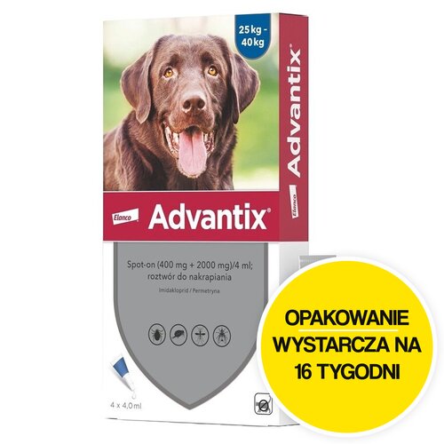 Krople na pchły i kleszcze ELANCO Advantix Spot-on Duże psy (25-40 kg) 4 x 4 ml Ochrona przez 16 tygodni