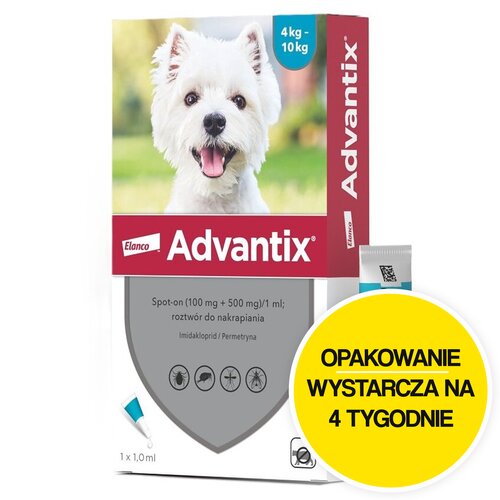 Krople na pchły i kleszcze ELANCO Advantix Spot-on Małe psy (4-10 kg) 1 ml Ochrona przez 4 tygodnie