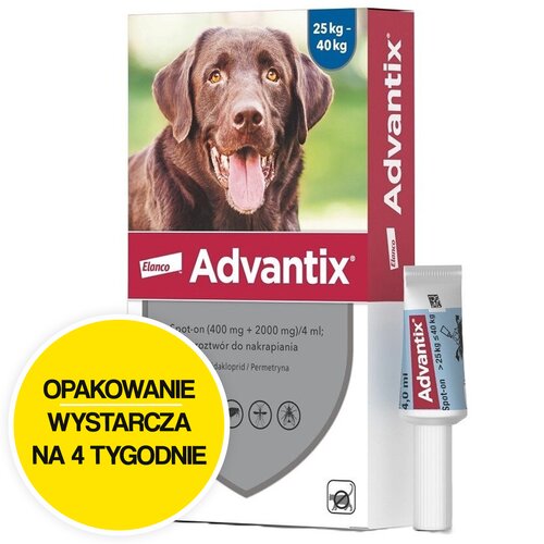 Krople na pchły i kleszcze ELANCO Advantix Spot-on Duże psy (25-40 kg) 4 ml Ochrona przez 4 tygodnie