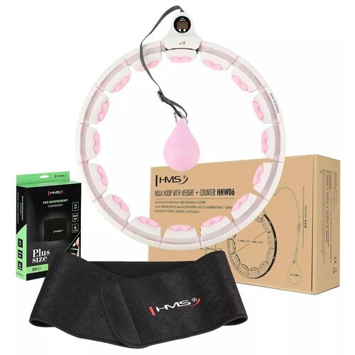 Na zdjęciu znajduje się różowe hula hop z licznikiem, czarny pas wyszczuplający oraz opakowania z logo "HMS". Na kartonie widnieje napis: "HULA HOOP WITH WEIGHT + COUNTER HHW06".