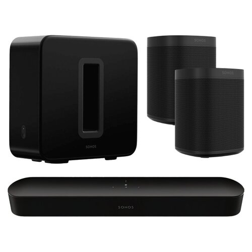 Soundbar SONOS Beam Gen 2 Czarny + Subwoofer SONOS Sub Gen 3 Czarny + Głośnik multiroom SONOS ONE Gen2 Czarny (2 szt.)