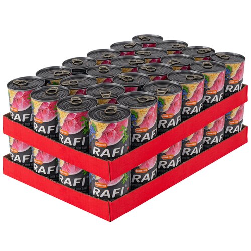 Karma dla psa RAFI z żołądkami wołowymi, szynką wieprzową z borówką i żurawiną 48 x 400 g