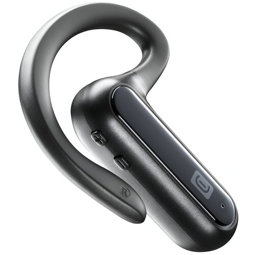 Czarna słuchawka Bluetooth z zakrzywionym uchwytem na ucho, posiadająca przyciski regulacji głośności oraz logo producenta na błyszczącej powierzchni. Na uchwycie widoczna jest litera "R".