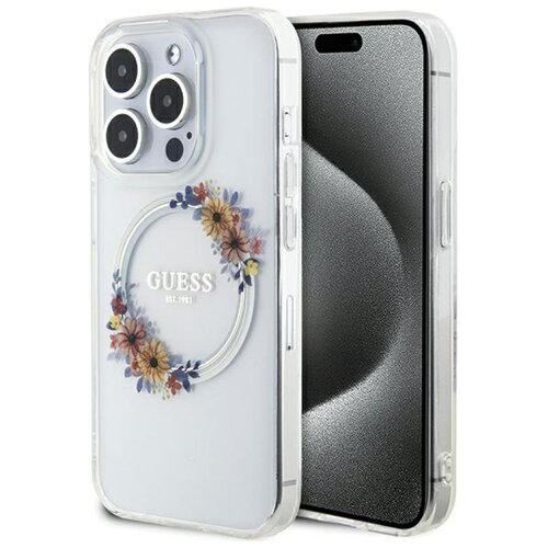 Etui GUESS IML Flowers Wreath MagSafe do Apple iPhone 15 Pro Przezroczysty