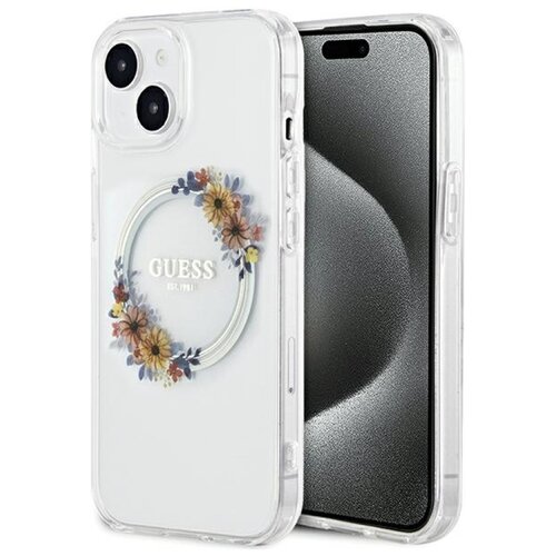 Etui GUESS IML Flowers Wreath MagSafe do Apple iPhone 15 Przezroczysty