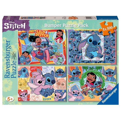Opakowanie puzzli przedstawia cztery kolorowe ilustracje z postaciami z filmu "Lilo i Stitch", z napisem "Bumper Puzzle Pack" oraz informacją "4x100". Na opakowaniu widnieje logo "Ravensburger" oraz oznaczenie wiekowe "5+".