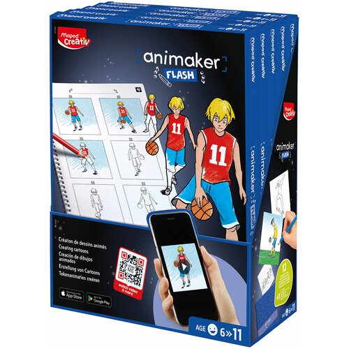Opakowanie zestawu kreatywnego "Maped Creativ Animaker Flash Action 907066" przedstawia rysunki postaci w koszulce z numerem 11, piłką do koszykówki oraz smartfon z aplikacją do tworzenia animacji. Na opakowaniu widnieje logo "Maped Creativ" oraz napisy w