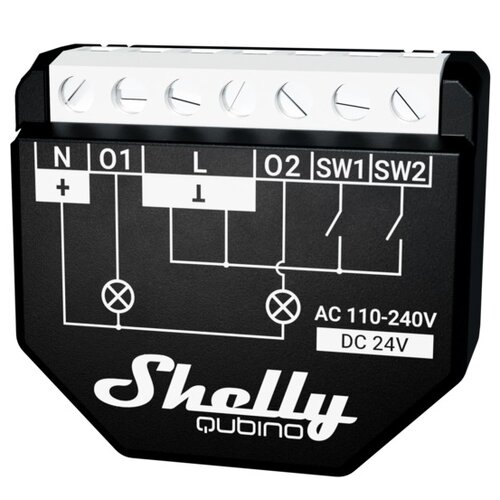 Czarny sterownik z białymi oznaczeniami i schematem połączeń, zawiera napisy: "N", "O1", "L", "O2", "SW1", "SW2", "AC 110-240V", "DC 24V". Na dole widoczne jest logo "Shelly Qubino".