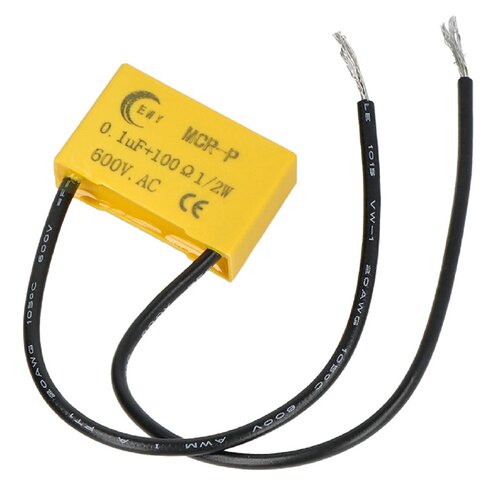 Żółty komponent elektroniczny z dwoma czarnymi przewodami, na którym widnieje napis: "0.1uF+100Ω 1/2W 600V. AC" oraz oznaczenia CE.