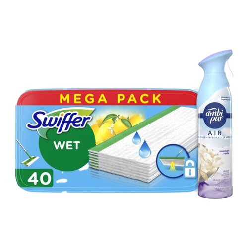 Ściereczka do mopa SWIFFER Citrus Fresh (40 sztuk) + Odświeżacz powietrza AMBI PUR Moonlight Vanilla 300 ml