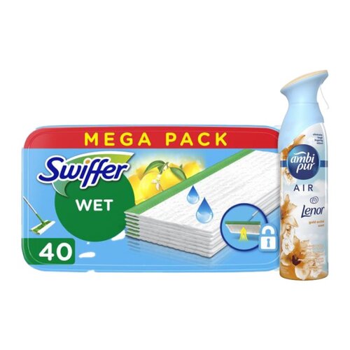 Ściereczka do mopa SWIFFER Citrus Fresh (40 sztuk) + Odświeżacz powietrza AMBI PUR Lenor Złota Orchidea 300 ml