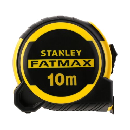 Na zdjęciu znajduje się miara zwijana w czarno-żółtej obudowie z widocznym napisem "STANLEY FATMAX 10m". Produkt ma solidny wygląd z wyraźnymi oznaczeniami na przedniej części.
