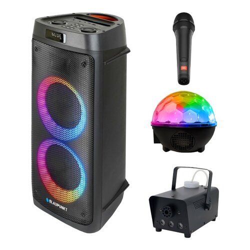 Zestaw do karaoke (Power audio BLAUPUNKT PB05DB + Mikrofon JBL PBM100 + Kula świetlna MUSICMATE AB69S + Wytwornica dymu MUSICMATE DM-1)