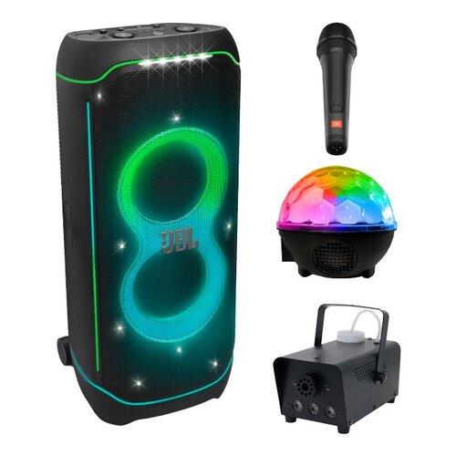 Zestaw do karaoke (Power audio JBL PartyBox Ultimate + Mikrofon JBL PBM100 + Kula świetlna MUSICMATE AB69S + Wytwornica dymu MUSICMATE DM-1)