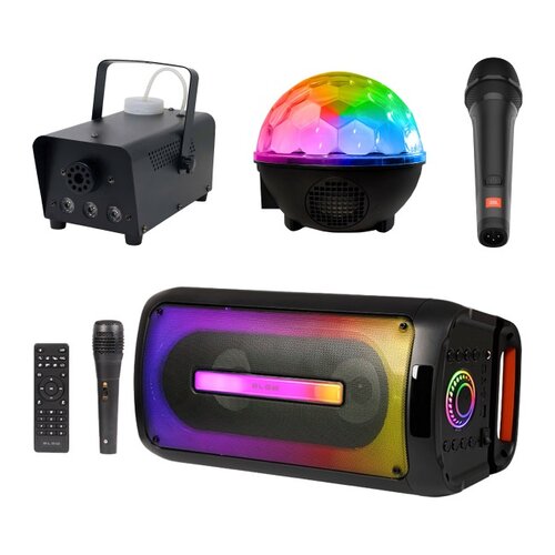 Zestaw do karaoke (Power audio BLOW CityLight + Mikrofon JBL PBM100 + Kula świetlna MUSICMATE AB69S + Wytwornica dymu MUSICMATE DM-1)