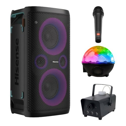 Zestaw do karaoke (Power audio HISENSE Party Rocker HP100 + Mikrofon JBL PBM100 + Kula świetlna MUSICMATE AB69S + Wytwornica dymu MUSICMATE DM-1)