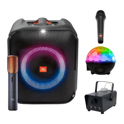 Zestaw do karaoke (Power audio JBL Partybox Encore + Mikrofon JBL PBM100 + Kula świetlna MUSICMATE AB69S + Wytwornica dymu MUSICMATE DM-1)