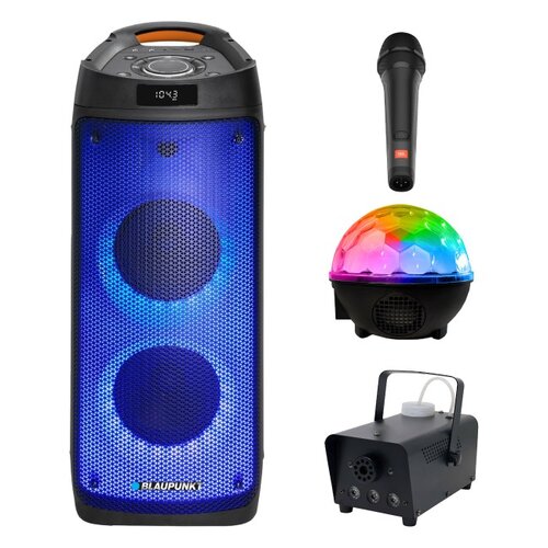 Zestaw do karaoke (Power audio BLAUPUNKT PB06DB + Mikrofon JBL PBM100 + Kula świetlna MUSICMATE AB69S + Wytwornica dymu MUSICMATE DM-1)
