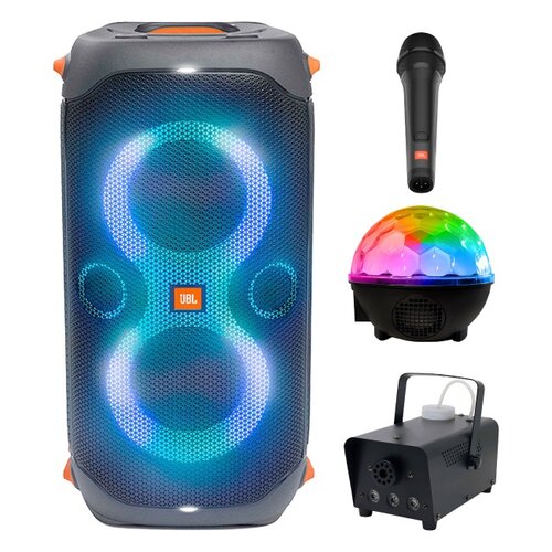 Zestaw do karaoke (Power audio JBL PartyBox 110 + Mikrofon JBL PBM100 + Kula świetlna MUSICMATE AB69S + Wytwornica dymu MUSICMATE DM-1)