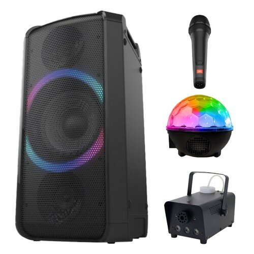 Zestaw do karaoke (Power audio PANASONIC SC-TMAX5E-K + Mikrofon JBL PBM100 + Kula świetlna MUSICMATE AB69S + Wytwornica dymu MUSICMATE DM-1)