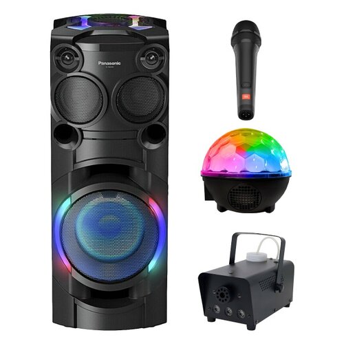 Zestaw do karaoke (Power audio PANASONIC SC-TMAX40E-K + Mikrofon JBL PBM100 + Kula świetlna MUSICMATE AB69S + Wytwornica dymu MUSICMATE DM-1)