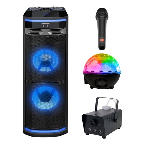 Zestaw do karaoke (Power audio BLAUPUNKT PS11DB + Mikrofon JBL PBM100 + Kula świetlna MUSICMATE AB69S + Wytwornica dymu MUSICMATE DM-1)