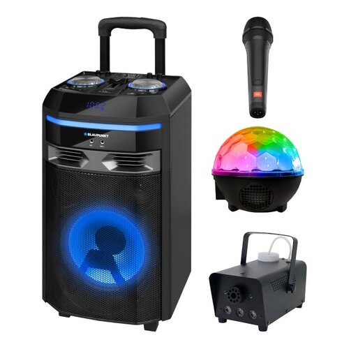 Zestaw do karaoke (Power audio BLAUPUNKT PS6 + Mikrofon JBL PBM100 + Kula świetlna MUSICMATE AB69S + Wytwornica dymu MUSICMATE DM-1)