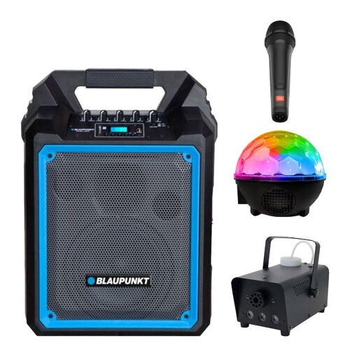 Zestaw do karaoke (Power audio BLAUPUNKT MB06 + Mikrofon JBL PBM100 + Kula świetlna MUSICMATE AB69S + Wytwornica dymu MUSICMATE DM-1)