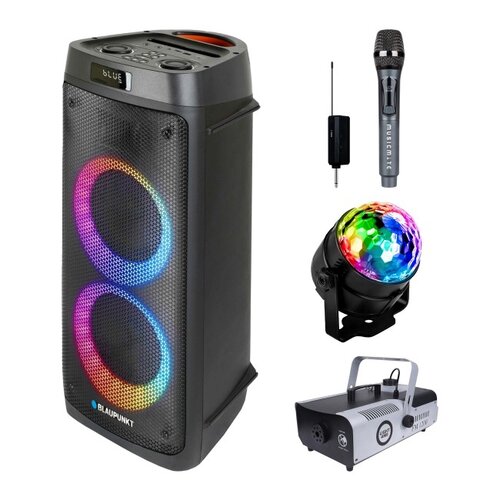 Zestaw do karaoke (Power audio BLAUPUNKT PB05DB + Mikrofon MUSICMATE S-105 + Kula świetlna MUSICMATE MB5 + Wytwornica dymu LIGHT4ME FM 1200)
