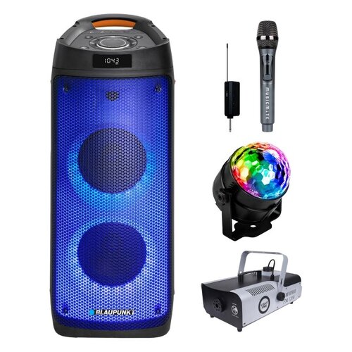 Zestaw do karaoke (Power audio BLAUPUNKT PB06DB + Mikrofon MUSICMATE S-105 + Kula świetlna MUSICMATE MB5 + Wytwornica dymu LIGHT4ME FM 1200)