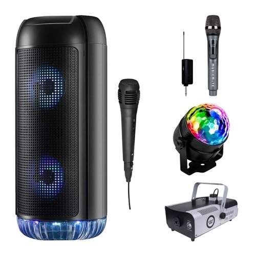 Zestaw do karaoke (Power audio MEDIA-TECH PartyBox MT3174 + Mikrofon MUSICMATE S-105 + Kula świetlna MUSICMATE MB5 + Wytwornica dymu LIGHT4ME FM 1200)