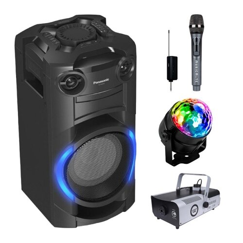 Zestaw do karaoke (Power audio PANASONIC SC-TMAX10E-K + Mikrofon MUSICMATE S-105 + Kula świetlna MUSICMATE MB5 + Wytwornica dymu LIGHT4ME FM 1200)