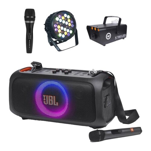 Zestaw do karaoke (Power audio JBL Partybox On The Go Essential + Mikrofon MUSICMATE B-13 + Reflektor LIGHT4ME Black Par 30x3W RGBA-UV LED + Wytwornica dymu LIGHT4ME S 700W LED)