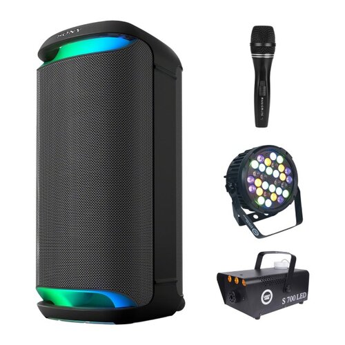 Zestaw do karaoke (Power audio SONY SRS-XV800 + Mikrofon MUSICMATE B-13 + Reflektor LIGHT4ME Black Par 30x3W RGBA-UV LED + Wytwornica dymu LIGHT4ME S 700W LED)