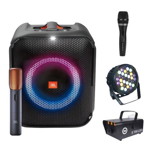 Zestaw do karaoke (Power audio JBL Partybox Encore + Mikrofon MUSICMATE B-13 + Reflektor LIGHT4ME Black Par 30x3W RGBA-UV LED + Wytwornica dymu LIGHT4ME S 700W LED)