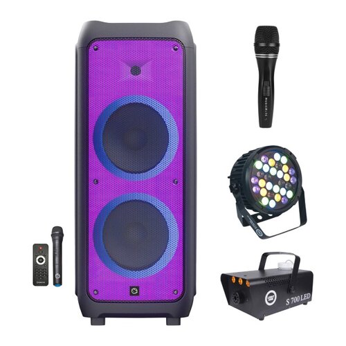 Zestaw do karaoke (Power audio MANTA Phantom SPK 5450 + Mikrofon MUSICMATE B-13 + Reflektor LIGHT4ME Black Par 30x3W RGBA-UV LED + Wytwornica dymu LIGHT4ME S 700W LED)