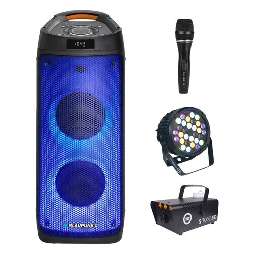 Zestaw do karaoke (Power audio BLAUPUNKT PB06DB + Mikrofon MUSICMATE B-13 + Reflektor LIGHT4ME Black Par 30x3W RGBA-UV LED + Wytwornica dymu LIGHT4ME S 700W LED)