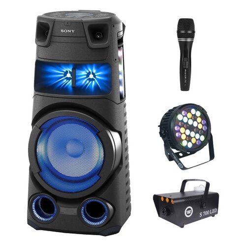Zestaw do karaoke (Power audio SONY MHC-V73D + Mikrofon MUSICMATE B-13 + Reflektor LIGHT4ME Black Par 30x3W RGBA-UV LED + Wytwornica dymu LIGHT4ME S 700W LED)