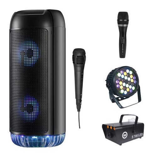 Zestaw do karaoke (Power audio MEDIA-TECH PartyBox MT3174 + Mikrofon MUSICMATE B-13 + Reflektor LIGHT4ME Black Par 30x3W RGBA-UV LED + Wytwornica dymu LIGHT4ME S 700W LED)