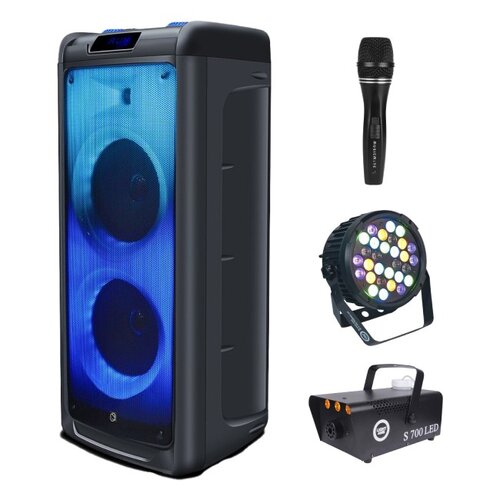 Zestaw do karaoke (Power audio MANTA SPK5350 Flame + Mikrofon MUSICMATE B-13 + Reflektor LIGHT4ME Black Par 30x3W RGBA-UV LED + Wytwornica dymu LIGHT4ME S 700W LED)