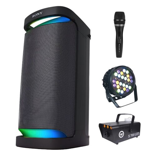 Zestaw do karaoke (Power audio SONY SRS-XP700 + Mikrofon MUSICMATE B-13 + Reflektor LIGHT4ME Black Par 30x3W RGBA-UV LED + Wytwornica dymu LIGHT4ME S 700W LED)