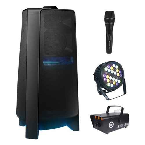 Zestaw do karaoke (Power audio SAMSUNG MX-T70 + Mikrofon MUSICMATE B-13 + Reflektor LIGHT4ME Black Par 30x3W RGBA-UV LED + Wytwornica dymu LIGHT4ME S 700W LED)