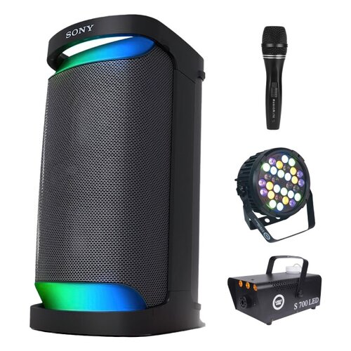 Zestaw do karaoke (Power audio SONY SRS-XP500 + Mikrofon MUSICMATE B-13 + Reflektor LIGHT4ME Black Par 30x3W RGBA-UV LED + Wytwornica dymu LIGHT4ME S 700W LED)