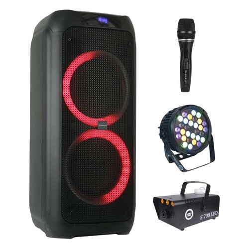 Zestaw do karaoke (Power audio MANTA SPK5310Pro + Mikrofon MUSICMATE B-13 + Reflektor LIGHT4ME Black Par 30x3W RGBA-UV LED + Wytwornica dymu LIGHT4ME S 700W LED)