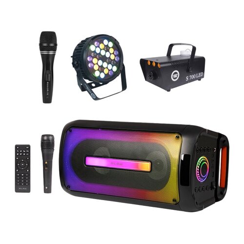 Zestaw do karaoke (Power audio BLOW CityLight + Mikrofon MUSICMATE B-13 + Reflektor LIGHT4ME Black Par 30x3W RGBA-UV LED + Wytwornica dymu LIGHT4ME S 700W LED)