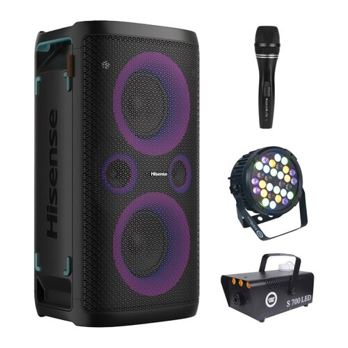 Zestaw do karaoke (Power audio HISENSE Party Rocker HP100 + Mikrofon MUSICMATE B-13 + Reflektor LIGHT4ME Black Par 30x3W RGBA-UV LED + Wytwornica dymu LIGHT4ME S 700W LED)