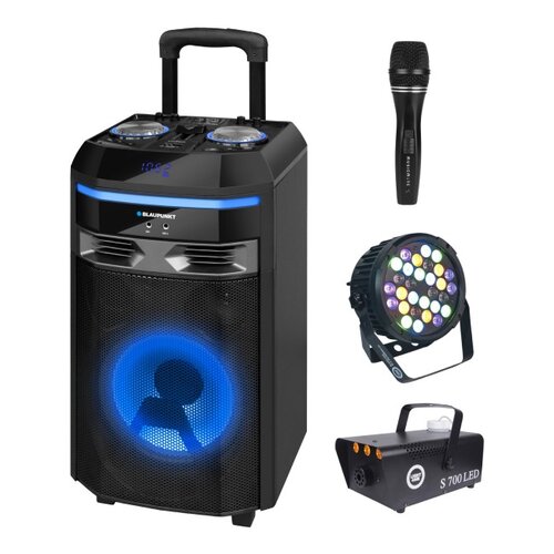 Zestaw do karaoke (Power audio BLAUPUNKT PS6 + Mikrofon MUSICMATE B-13 + Reflektor LIGHT4ME Black Par 30x3W RGBA-UV LED + Wytwornica dymu LIGHT4ME S 700W LED)