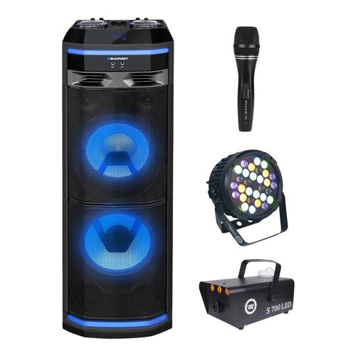 Zestaw do karaoke (Power audio BLAUPUNKT PS11DB + Mikrofon MUSICMATE B-13 + Reflektor LIGHT4ME Black Par 30x3W RGBA-UV LED + Wytwornica dymu LIGHT4ME S 700W LED)